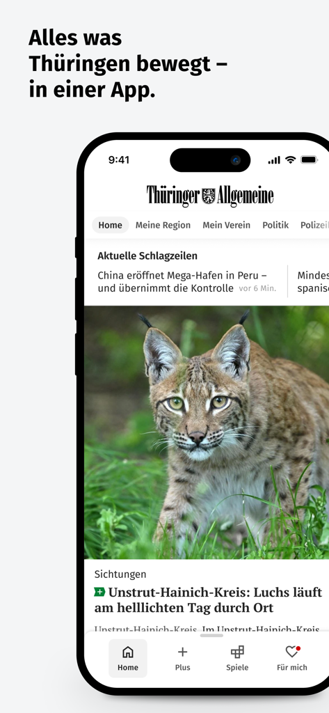 The home screen of the Thueringer Allgemeine News app showing a local news article about a lynx sighting in Thuringia.