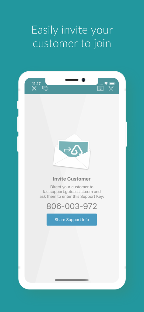 iPhone screen displaying the GoToAssist Remote Support app invitation interface with a support key