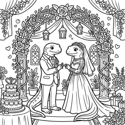 Witness an adorable newt couple exchanging vows in this delightful wedding coloring page. Perfect for celebrating love and adding a unique touch to your coloring collection.
