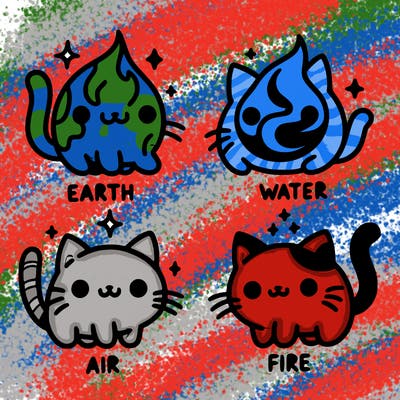4 cats that represent the different elements, earth, water, air, and fire