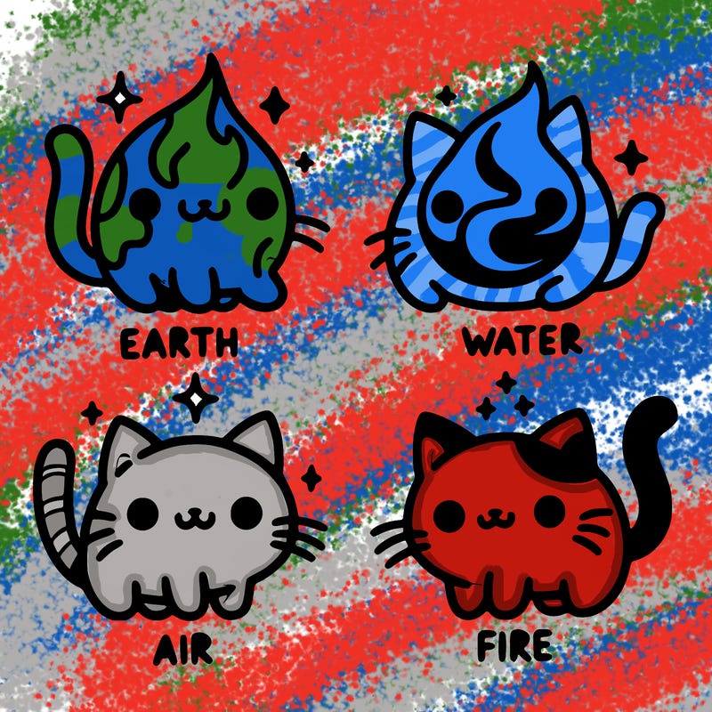 4 cats that represent the different elements, earth, water, air, and fire