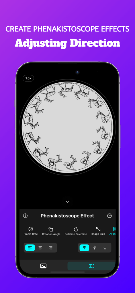 Rotation - Visual Effect - Interfaz de la aplicación Rotation que muestra los controles de ajuste de dirección para una animación de fenakistoscopio con figuras de ciervo.