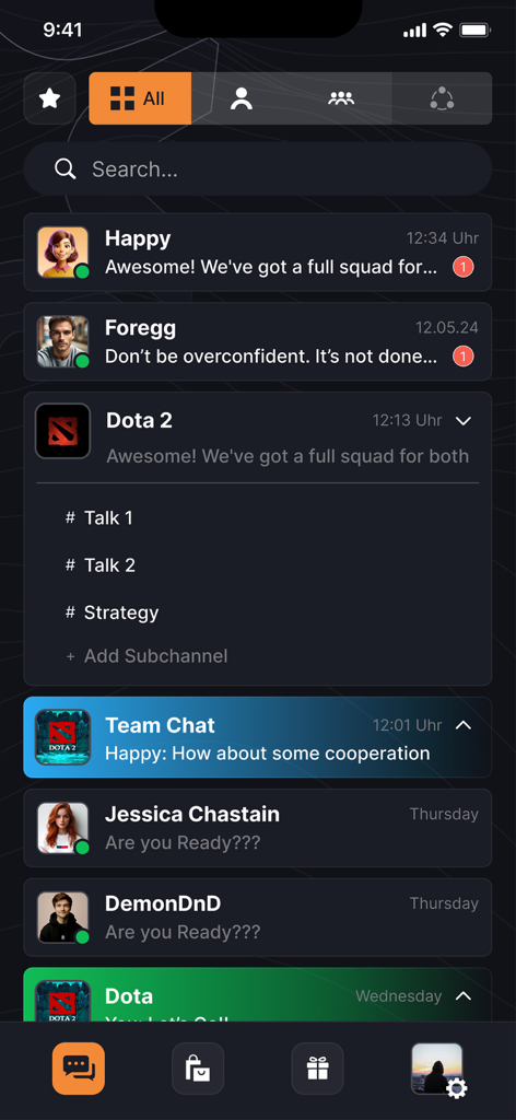Main chat interface of the Sonix app displaying individual messages and gaming crew sub-channels.