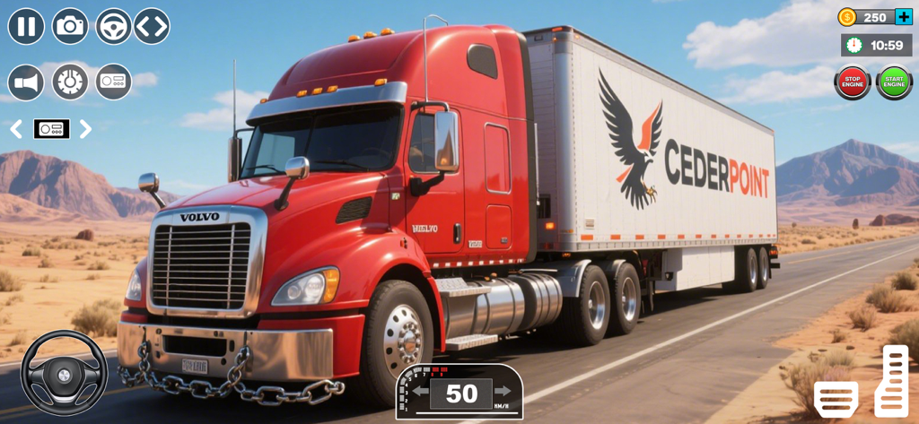 American Truck Driving Game 3d - Red semi-truck with a cargo trailer driving through a desert in American Truck Driving Game 3d.