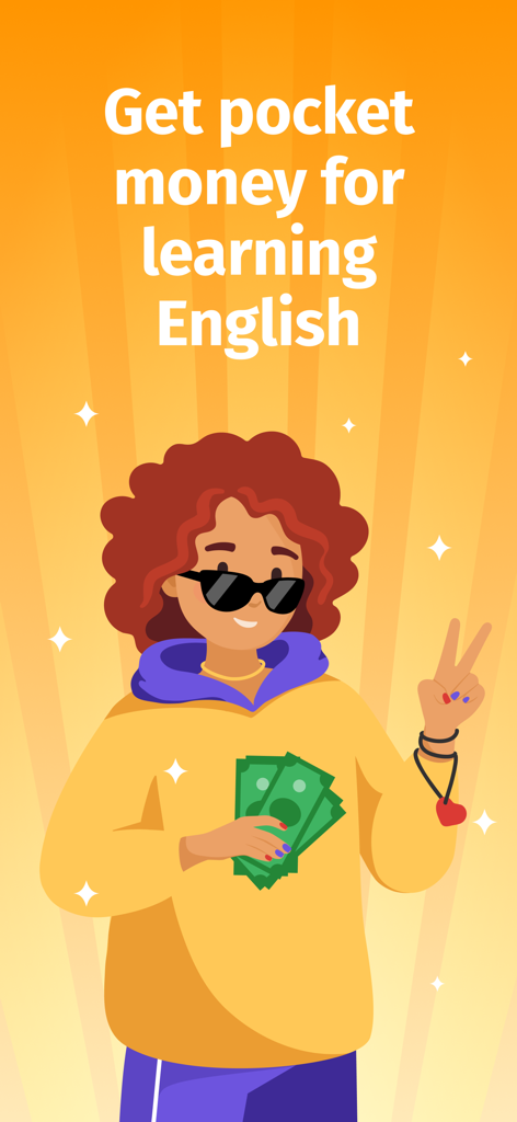 Ein cooles Cartoon-Kind, das Geld hält, mit der Aufschrift Erhalte Taschengeld für das Erlernen von Englisch.