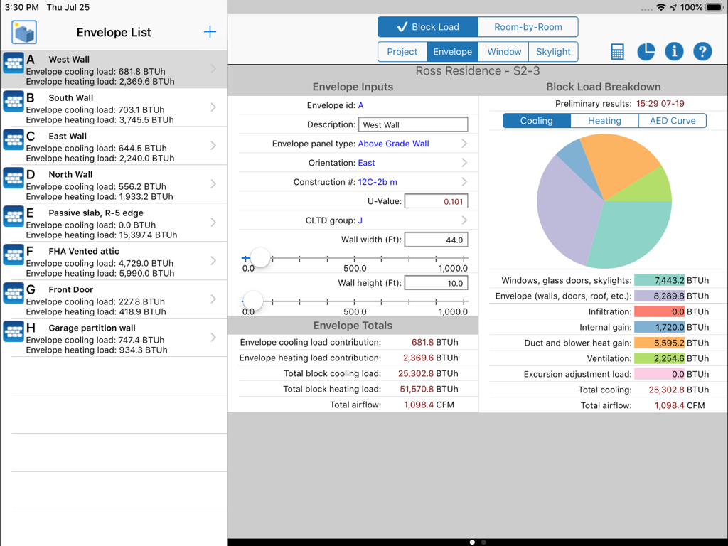 HVAC ResLoad-J - HVAC ResLoad-J iPad app interface showing residential envelope inputs and load breakdown pie chart