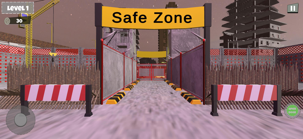 Safe Zone The Check Point Game - 3D view of the Safe Zone checkpoint entrance with security barriers and a ruined city background