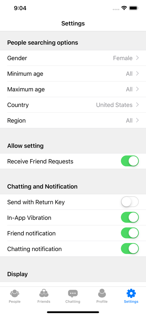Friends Talk - Chat New People - Settings menu in the Friends Talk app showing search preferences and notification toggles