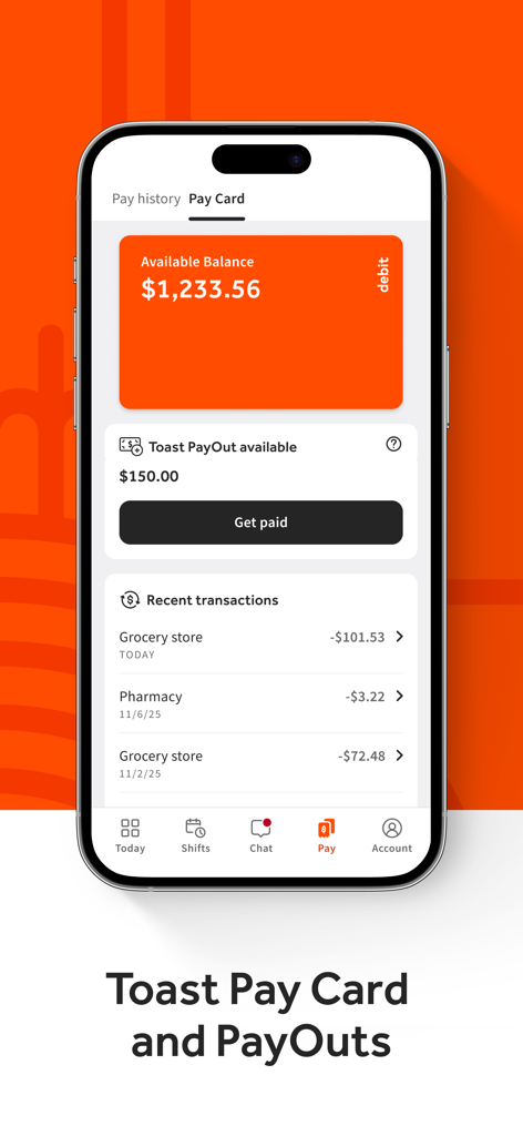 MyToast app interface showing available balance on a Toast Pay Card and instant payout options