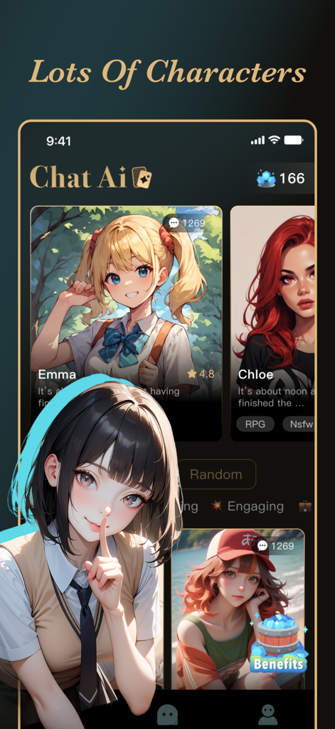 Sophie AI: Roleplay with AI - Sophie AI app interface showing a variety of anime characters available for roleplay and chat.