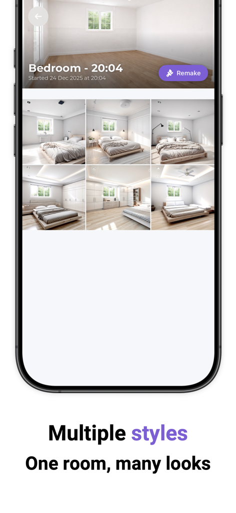 Aplicación Roomify mostrando múltiples estilos de diseño de interiores generados por IA para un dormitorio escaneado.