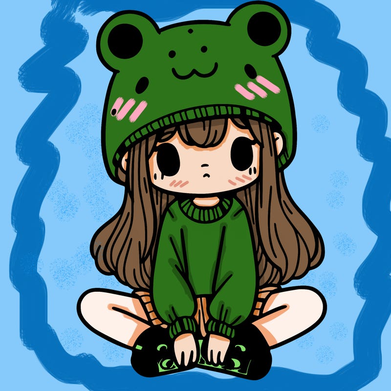 a girl wearing a frog hat and some frog socks
