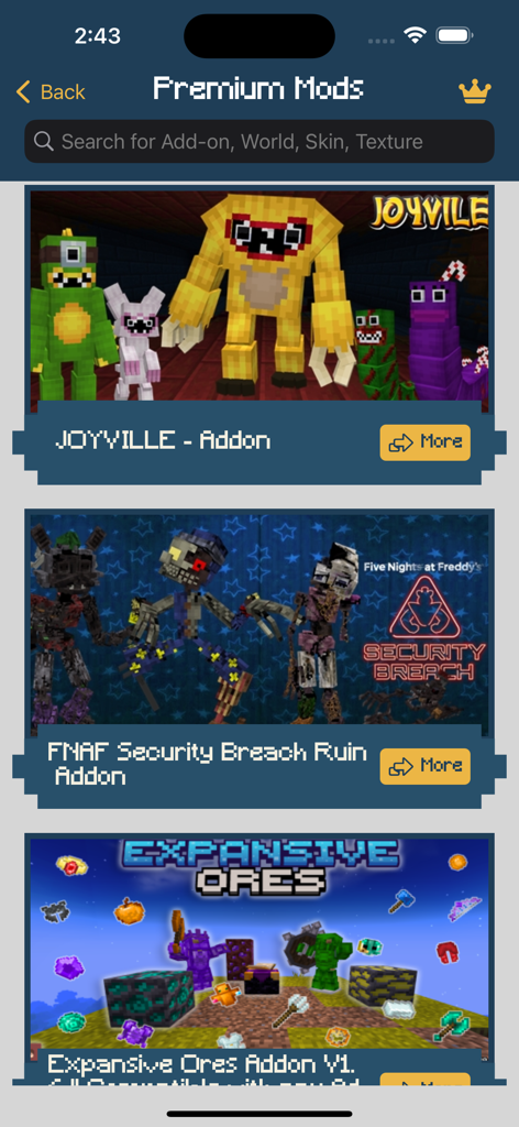 A menu showing premium Minecraft PE add-ons including FNAF and Joyville mods