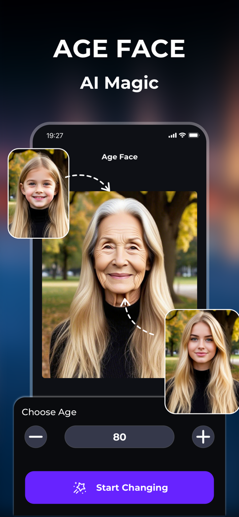 AI Age Face transformation feature in the Photo Journey app showing a young face aged to 80
