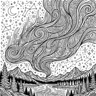 Dive into the breathtaking beauty of the Northern Lights with this exquisitely detailed adult coloring page. Featuring an intricate green aurora swirling above a serene natural landscape, it offers hours of mindful creativity.