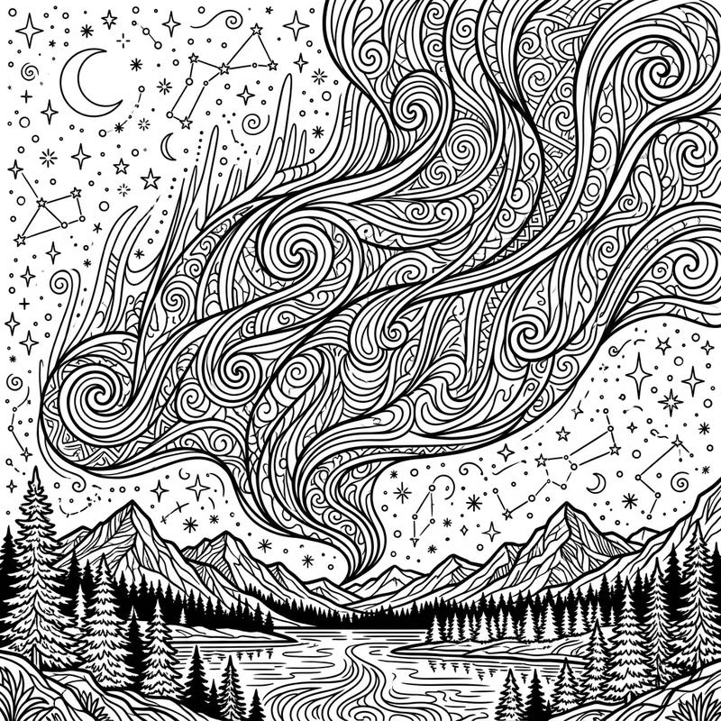 Dive into the breathtaking beauty of the Northern Lights with this exquisitely detailed adult coloring page. Featuring an intricate green aurora swirling above a serene natural landscape, it offers hours of mindful creativity.