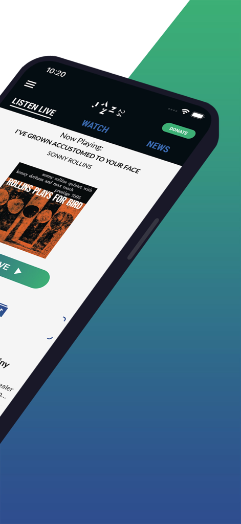 Jazz24: World Class Jazz Radio - Interface of the Jazz24 radio app showing a live jazz broadcast by Sonny Rollins