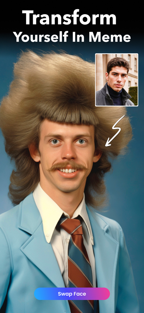 Screenshot of an AI app interface showing a face swap feature that transforms a portrait into a funny meme character with exaggerated hair
