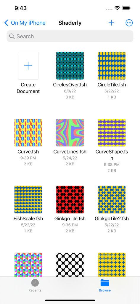 Shaderly - GLSL Shader Editor - Uma biblioteca de projetos de shader GLSL no aplicativo Shaderly com miniaturas de padrões coloridos.