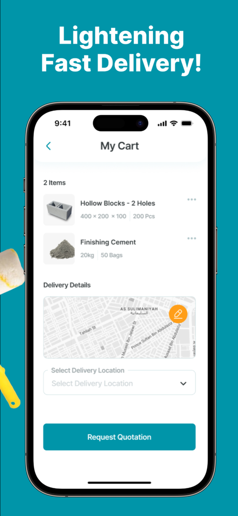 BRKZ - BRKZ mobile app interface showing a shopping cart with building materials and a delivery map