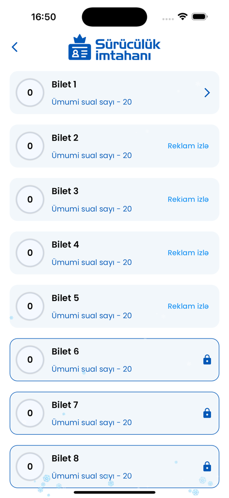 Sürücülük İmtahanı Online - App interface displaying a list of Azerbaijani driving exam practice tickets.