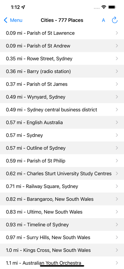 Screenshot of WikiPal Oceania showing a list of nearby historical and cultural sites in Sydney Australia