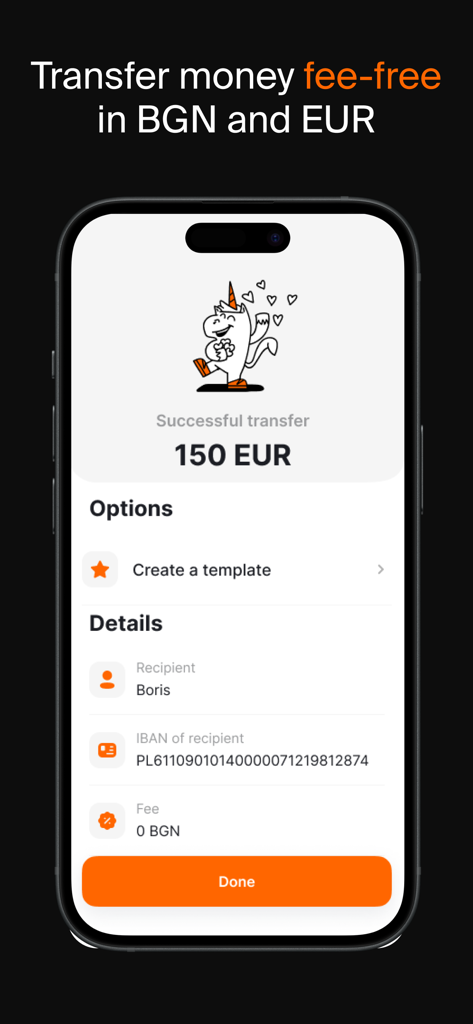 tbi bank - tbi bank app screen showing a successful fee-free money transfer confirmation in EUR