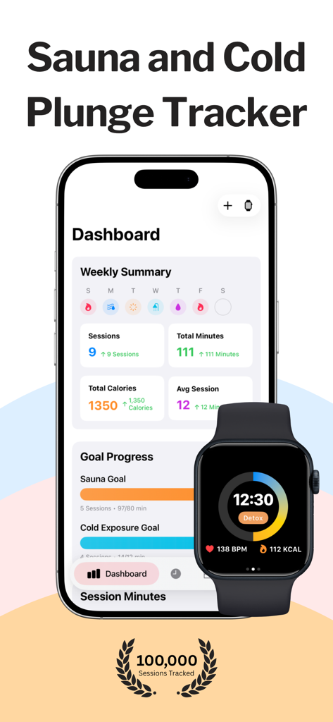 Sauna & Cold Plunge Tracker - Dashboard dell'app Sauna e Tuffi nel Ghiaccio su iPhone e Apple Watch che mostra statistiche sulla salute e obiettivi