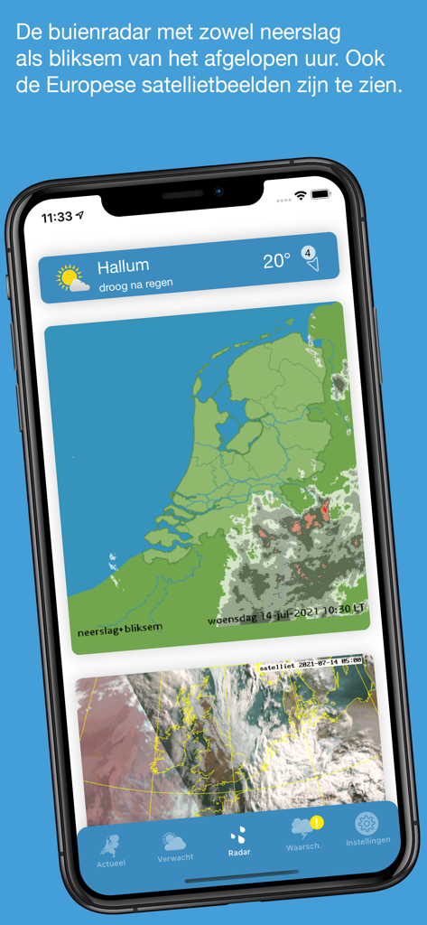 Rain radar and lightning map for the Netherlands in the Weerbericht Nederland app interface