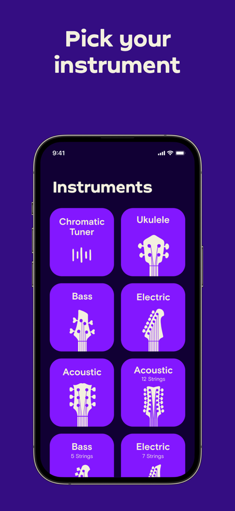 Écran de sélection d'instruments dans l'application Simply Tune montrant les options guitare, ukulélé et basse