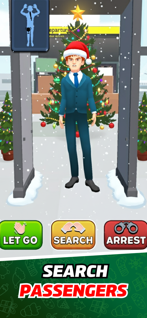 Airport Security Simulator 911 - Gameplay-Screenshot von Airport Security Simulator 911, der eine Passagierdurchsuchung an einem Metalldetektor während einer Weihnachtsveranstaltung zeigt