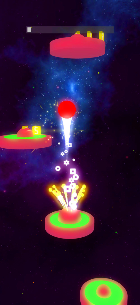 Jump Ball - Tiles Hop Ball - A red ball jumping on neon-colored platforms in a space-themed rhythm game.