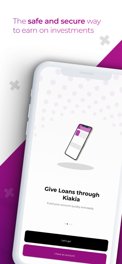 Kiakia P2P - Onboarding screen of the Kiakia P2P app promoting safe and secure peer to peer investment loans