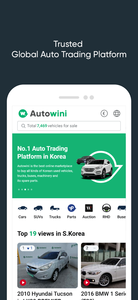 Autowini For Buyers - Interfaz de la aplicación Autowini Para Compradores que muestra categorías de coches usados, camiones y repuestos de Corea del Sur