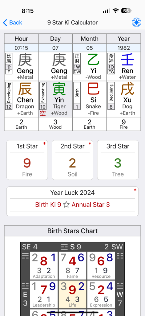 Uma interface detalhada do calculador de astrologia 9 Estrelas Ki exibindo um mapa natal com elementos chineses, estrelas pessoais e uma grade de quadrado Luo Shu.