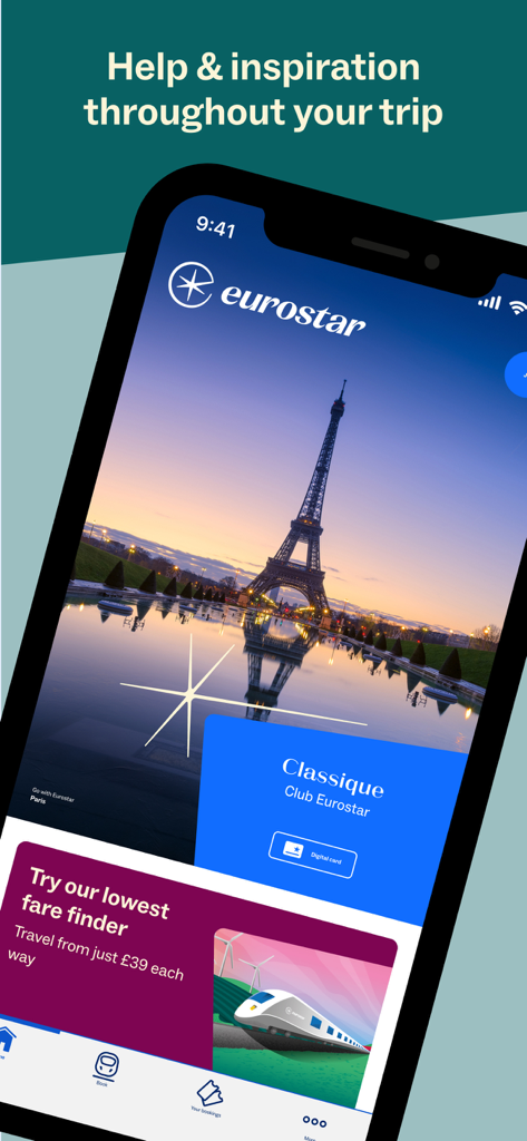 Eurostar: Train travel & Hotel - Eurostar app home screen showing the Eiffel Tower and the lowest fare finder feature