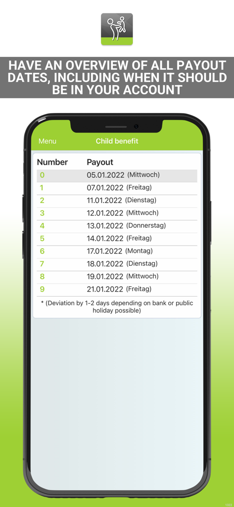 A smartphone displaying a list of child benefit payout dates categorized by the last digit of the benefit number