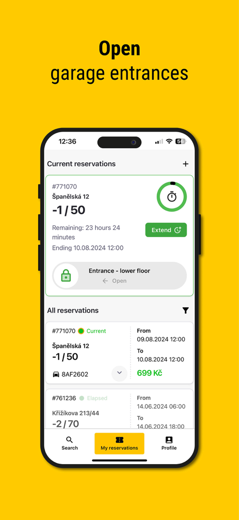 MR.PARKIT mobile app screen showing active parking reservations and a button to open a garage entrance gate remotely.