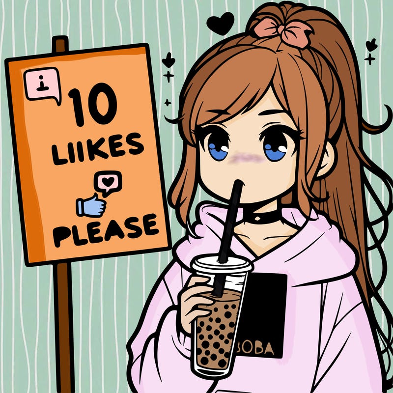 girl with a high ponytail and a hoodie drinking boba staring at a sign saying 10 likes please