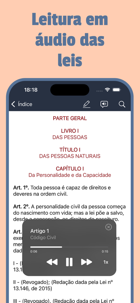 Interfaccia dell'app mobile che mostra la funzione di lettura audio per testi legali brasiliani con controlli di riproduzione