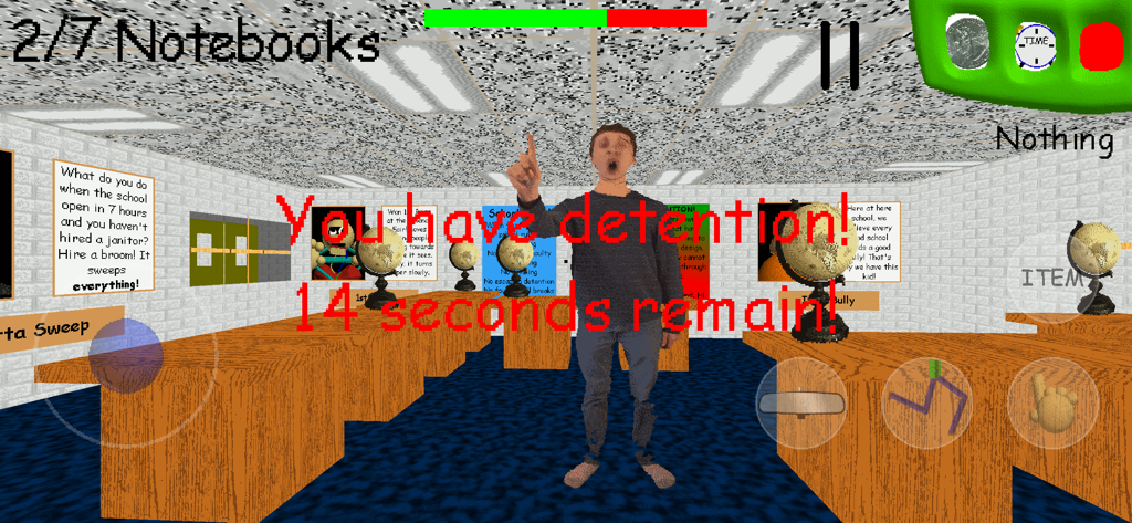 A gameplay screenshot of Baldis Basics Classic showing a principal character giving the player detention in a classroom