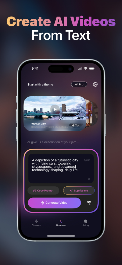 Loomi AI - ‎AI Video Generator - Interface de l'application Loomi AI montrant comment créer des vidéos IA à partir d'une invite textuelle
