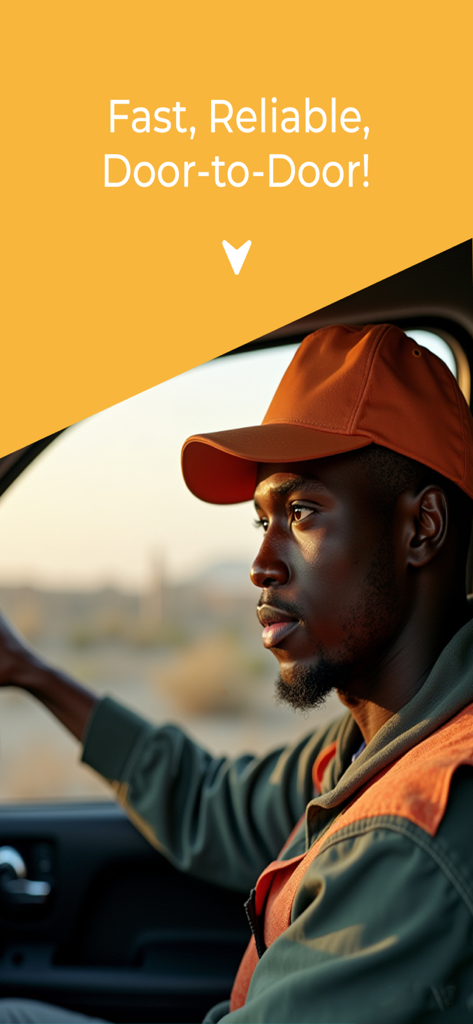 A male delivery rider in a vehicle with the text Fast Reliable Door to Door