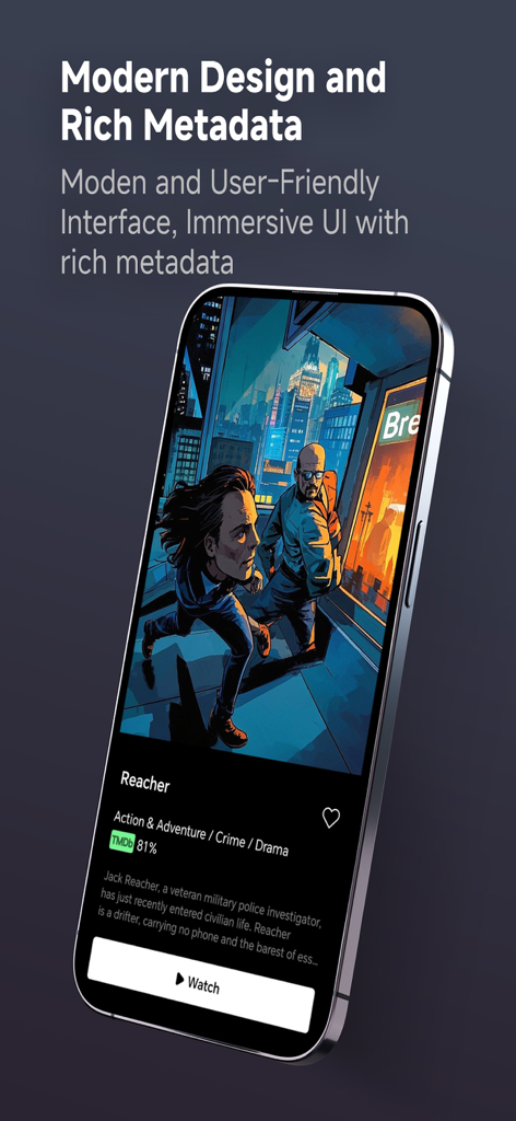 MyTV GO+ - MyTV GO plus app mobile interface showing TV series metadata and IMDb rating