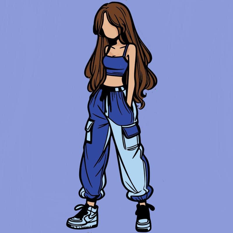girl in baggy pants crop top and long hair