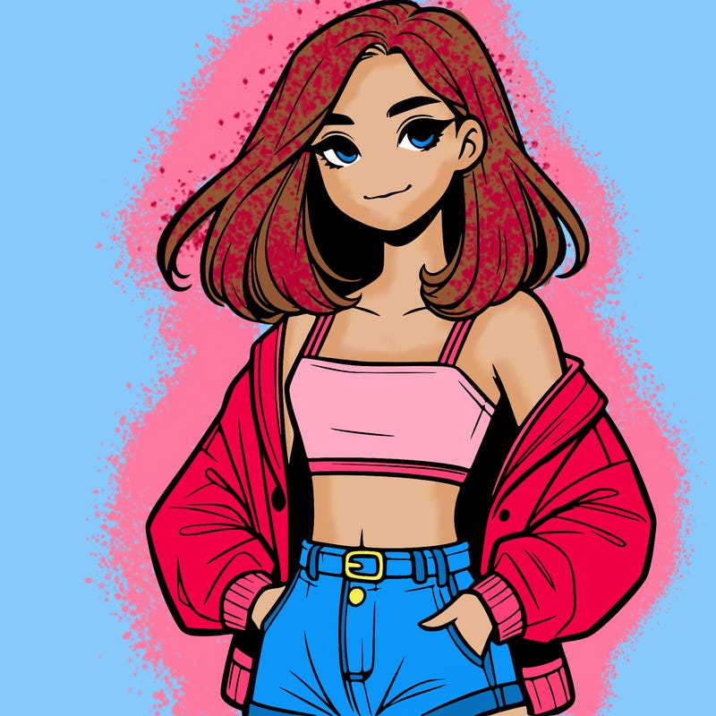 a realistic girl with a crop top and short shorts in an open jacket