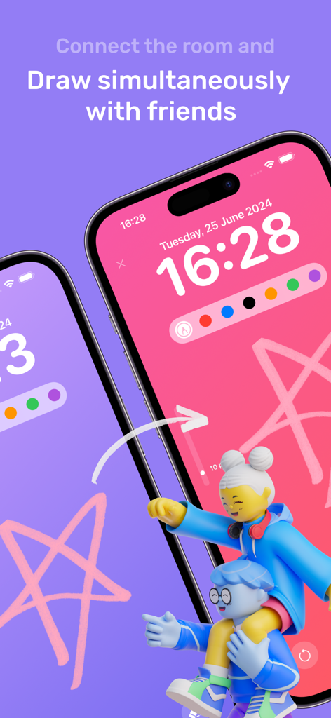 Two iPhones demonstrating real-time collaborative drawing on a lock screen background using DuoArt.