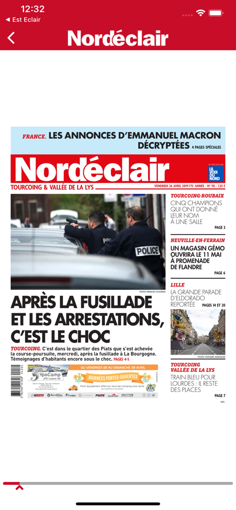 Nord Eclair - Réplique numérique de la page de une du journal Nord Eclair dans l'application mobile