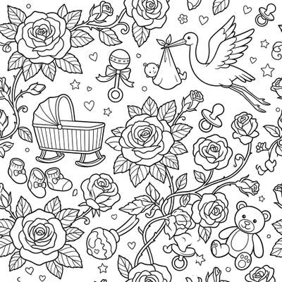Welcome new life with this enchanting coloring page featuring cheerful yellow roses intertwined with classic baby shower elements. Discover an array of adorable nursery items and blooming flowers, ready for your creative touch.