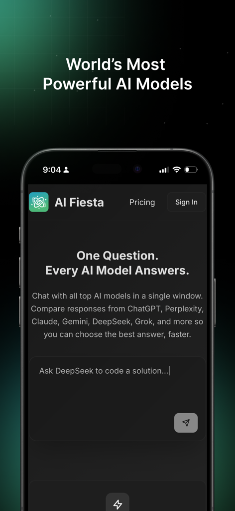 AI Fiesta - AI Fiesta app home screen showing a unified chat interface for comparing multiple AI models